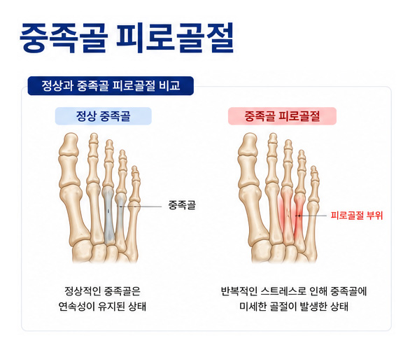 중족골 정상, 피로골절 비교 이미지