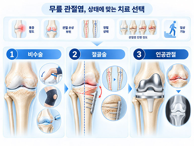무릎 퇴행성관절염 상태에 따른 비수술 치료 절골술 인공관절 수술의 선택 기준 비교