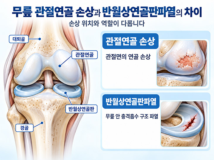 무릎 관절연골 손상과 반월상연골판 손상의 위치 및 구조 차이를 비교한 의료 일러스트