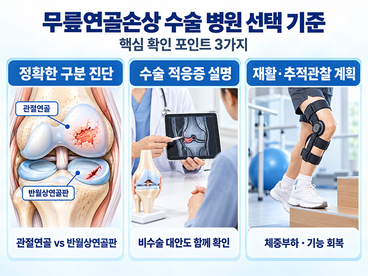 무릎연골손상 수술 병원 선택 시 진단 수술 적응증 동반 손상 재활 기준