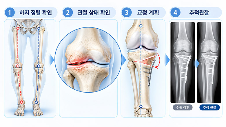 하지 전장 정렬 촬영을 통한 진단부터 근위경골절골술 계획과 수술 후 추적관찰까지의 흐름