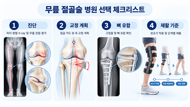 무릎 절골술 병원 선택 시 확인할 정렬 확인 적응증 교정 계획 골유합 재활 기준