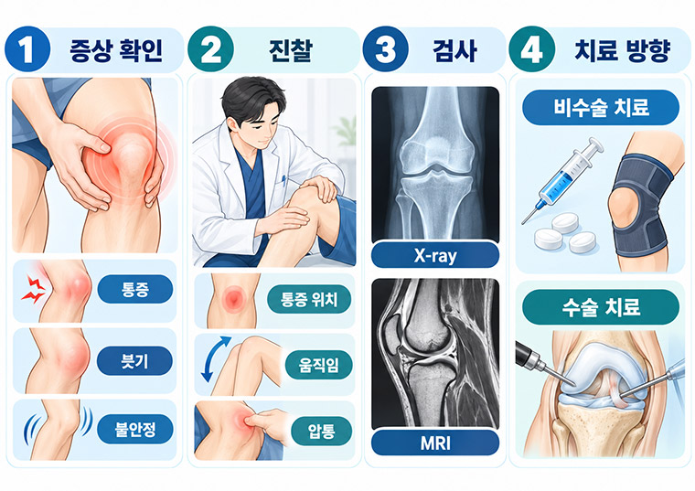 무릎통증 증상 확인과 진찰, X-ray와 MRI 검사, 비수술 및 수술 치료 과정