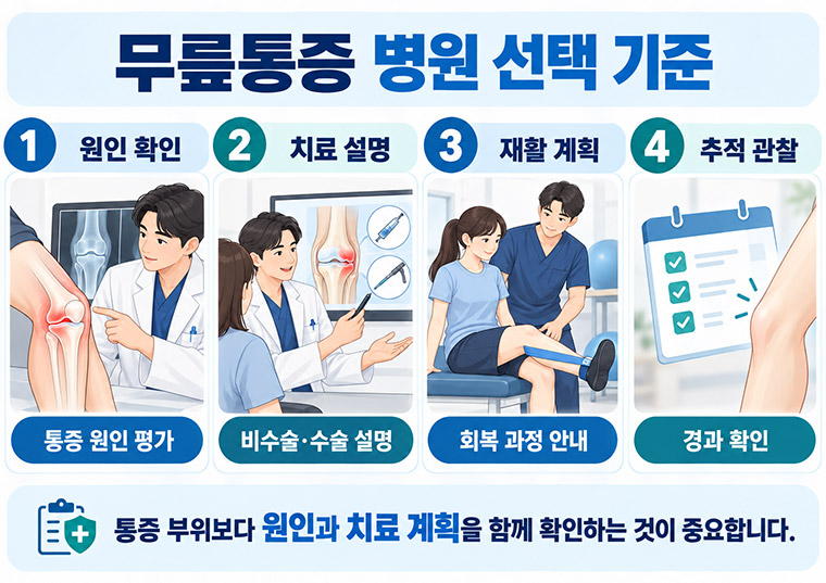 무릎통증 병원 선택 시 확인할 원인 평가, 치료 설명, 재활 계획과 추적관찰 기준