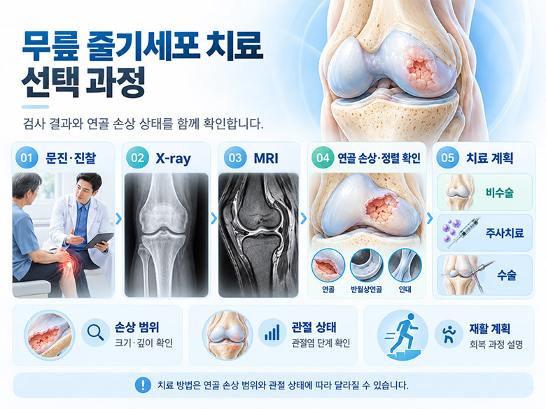 무릎 관절연골 손상의 위치와 범위, 관절염 진행 정도, 하지 정렬을 확인하는 치료 전 평가