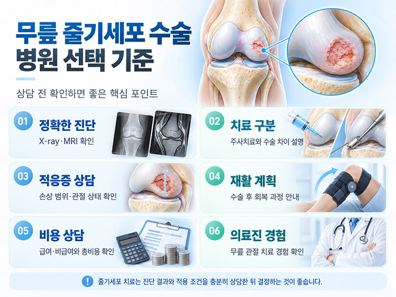 무릎 줄기세포 수술 병원 선택 전 치료법, 검사, 의료진, 재활, 비용 및 위험 확인 체크리스트