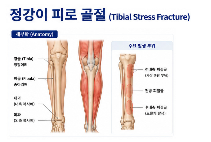 정강이 해부학적 설명 및 피로 골절 주요 발생 부위 설명