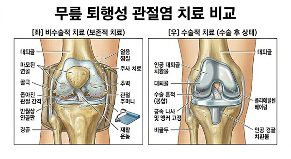 퇴행성관절염 비수술적 치료, 수술적 치료 비교