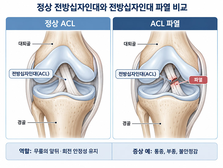 정상 전방십자인대와 파열된 전방십자인대 비교