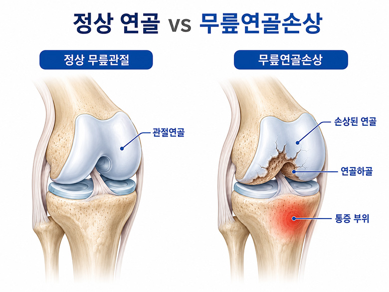 정상 무릎 관절연골과 무릎연골손상 비교