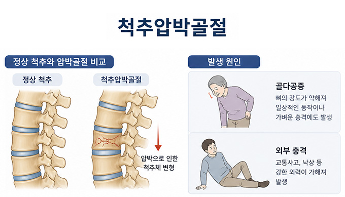 정상척추 압박골절 비교 및 발생 원인 설명 이미지