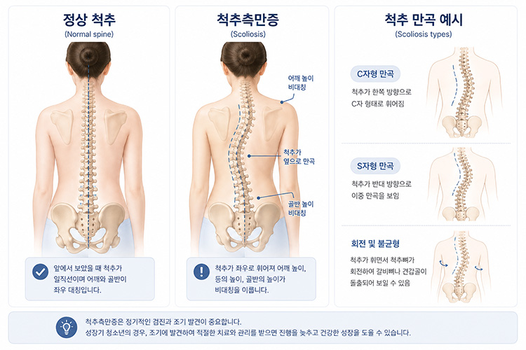 정상 척추와 척추측만증 척추 비교